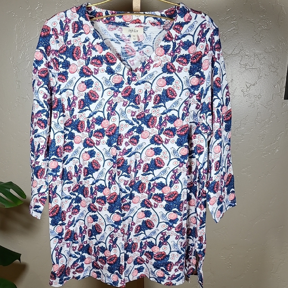 Style & Co. Pink and Blue 3/4 Sleeve Top Birds Flowers Fruit XL 100% Cotton